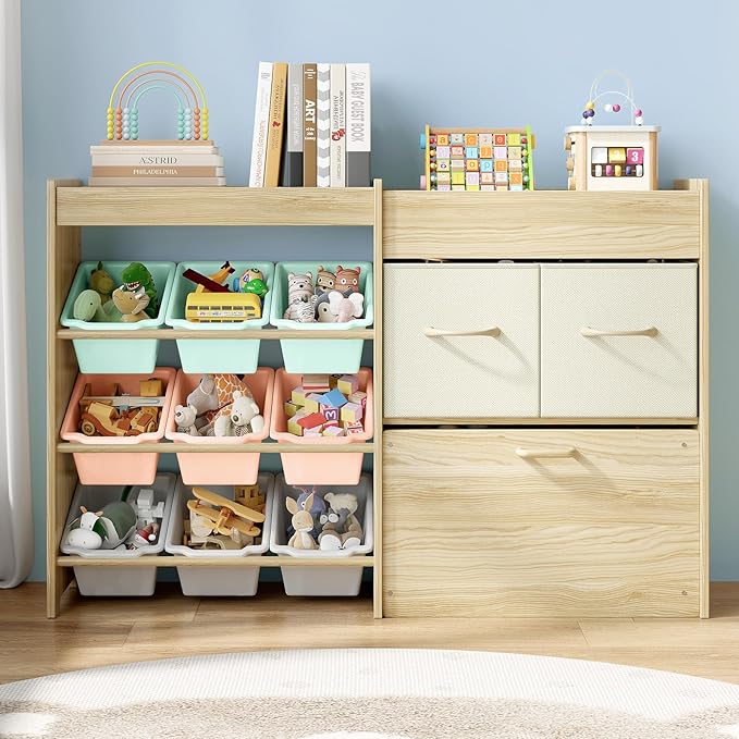 Toy Storage Organizer for Kids, 9-Bin Toy Organizer with 2-Drawers,Movable Toy Chest and Top Rack, Kids Bookshelf and Toy Storage for Playroom, Bedroom, Nursery, Multi-Color