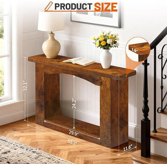 51 Inch Entryway Table U-Shaped Extension, 1.6 Inch Thick Desktop Wooden Console Table with Socket Farmhouse Sofa Table for Entrance, Hallway, Living Room,Behind Couch(Rustic Brown)
