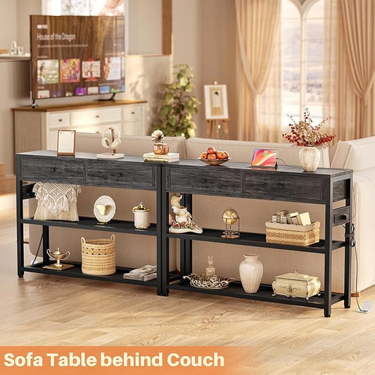 Ecoprsio Entryway Table with Outlets and USB Ports, Small Console Table with 2 Drawers, Sofa Table with Storage Shelves for Living Room, Couch, Hallway, Foyer, 32'', Grey Oak