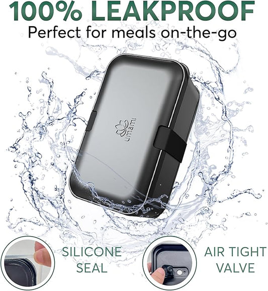 Umami Lunch Box Containers w/ 4 Utensils, Sauce Jar, Nestable Space-Saving Bento Box Adult, 100% Leakproof, Microwavable Lunch Containers for Adults, Design Award Winner, Black, 30 oz