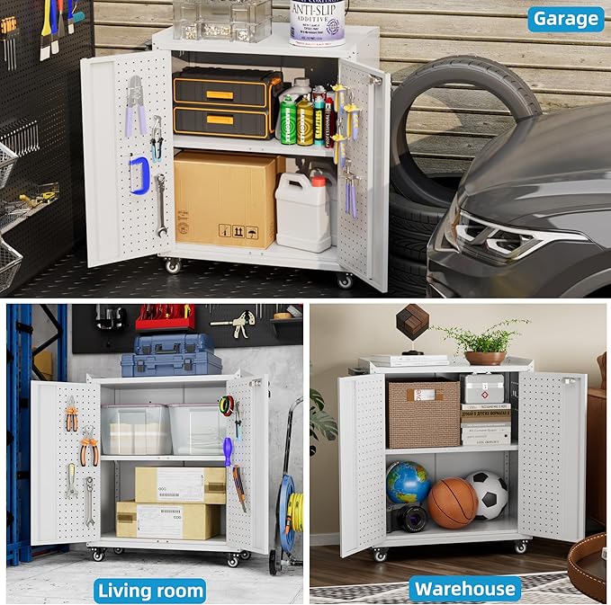 Garage Storage Cabinet with Wheels & Pegboard, Locking Metal Storage Cabinet with Doors and Shelf & 4 Hooks for Garage, Home, Workshops, Small Tool Cabinets, Assembly Required, White