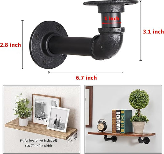 Industrial L Pipe Shelf Brackets for 7-14 in Depth Wood,Heavy-Duty 3/4" Iron,Wall Mount Floating Shelf Bracket L Metal Pipe Shelving Brackets for Wood-Black DIY Pipe Shelves(6.7*3.1 Inch 4 Pack)