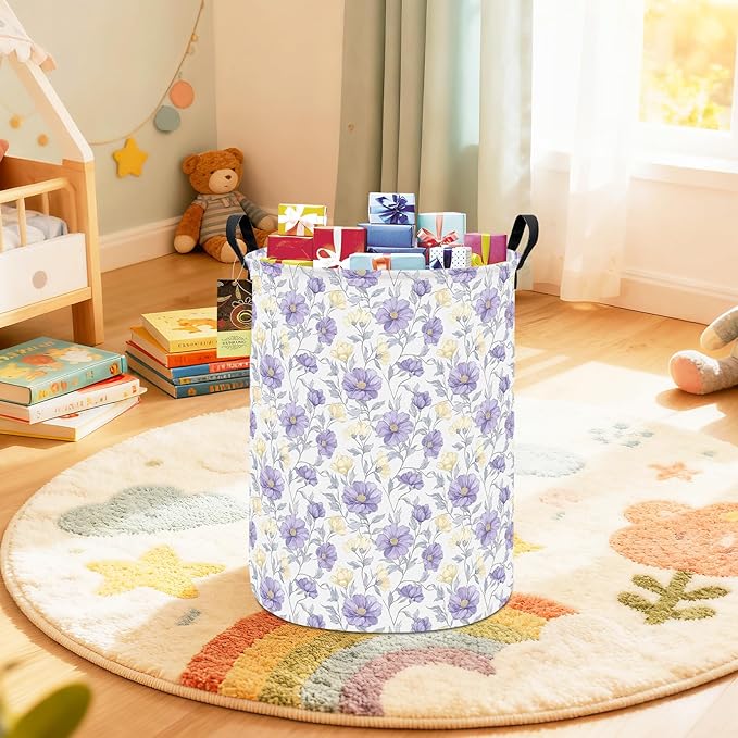 HUNRUNG Laundry Hamper,Large Canvas Fabric Lightweight Storage Basket Toy Organizer Dirty Clothes Collapsible Waterproof for College Dorms(Round-Purple Flowers)
