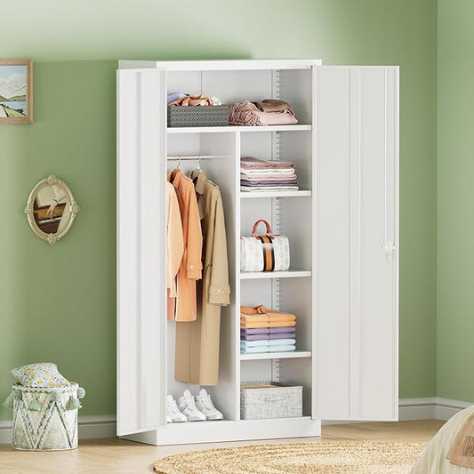INTERGREAT Metal Wardrobe Closet, 72" Locking Storage Wardrobe Cabinet with Doors and Shelves, 18" D x 36" W Steel Clothes Storage Cabinets for Office, Home, School, Gym(White)