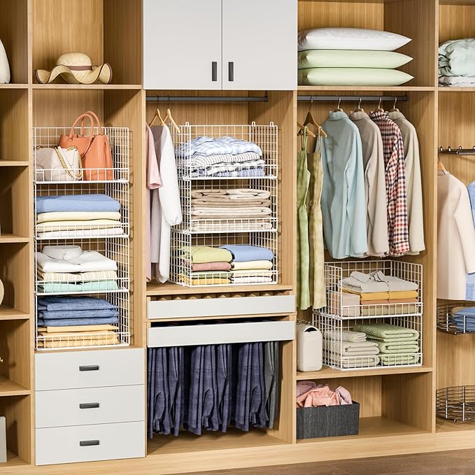 6-Tier Stackable Closet Organizers and Storage Shelves, Closet Shelf Organizer Basket Bins, Foldable Sweater Storage for Clothes Organizer System, White(Patent Pending)