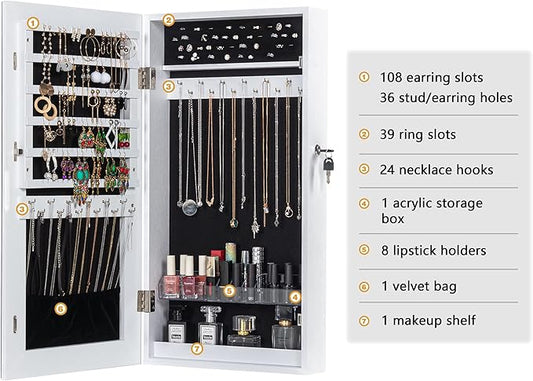 LAVIEVERT Lockable Jewelry Cabinet Armoire with Frameless Mirror, Wall/Door Mounted Space Saving Jewelry Display Organizer with Lipstick Compartments - White