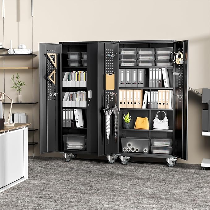 Greenvelly Metal Storage Cabinet with Wheel,Lockable 74" Black Metal Garage Cabinets with 2 Doors and 4 Adjustable Shelves, Rolling Steel Tool Cabinet for Garage, Home Office, School
