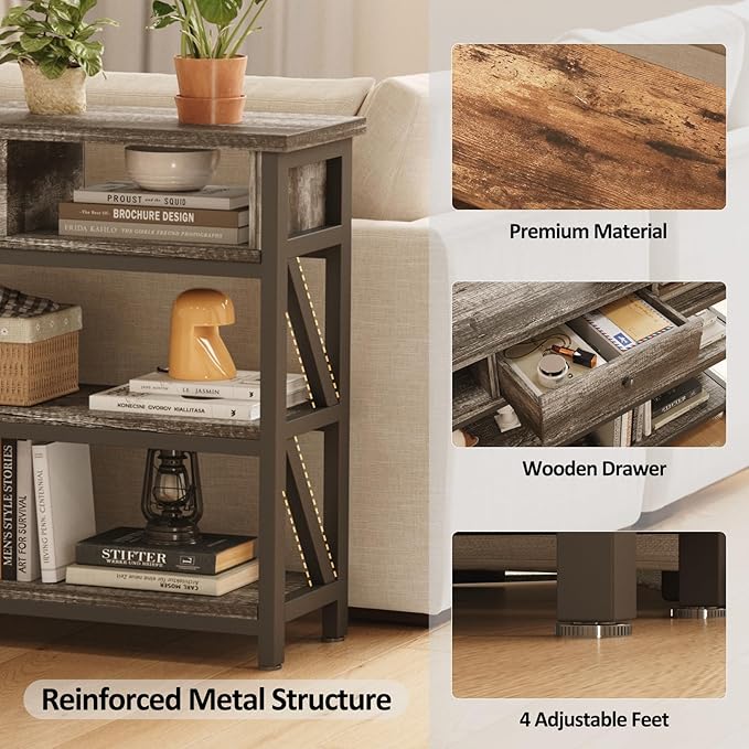 Mexin 47 Inch Console Sofa Table with Drawer, Industrial Entryway Table with Storage Shelves, Storage Organizer for Hallway Living Room Couch Foyer Kitchen Counter, Grey Oak