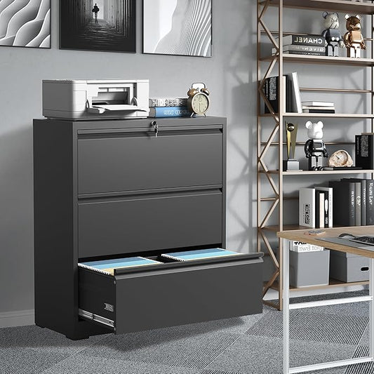 3 Drawer File Cabinet, Black Office Cabinets with Lock, Heavy Duty Metal Filing Cabinet for Home Office, Horizontal Lockable File Cabinet for Legal/Letter/A4 Size Files, Require Assembly