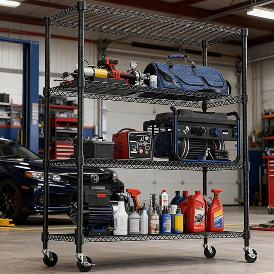 1400LBS 47.2" W 4 Tiers Storage Shelves Metal Shelving Unit with Wheels Heavy Duty Garage Shelving Adjustable Wire Shelves for Pantry,Kitchen,Garage,Basement,Black 17.7" D x 47.2" W x 62.7" H