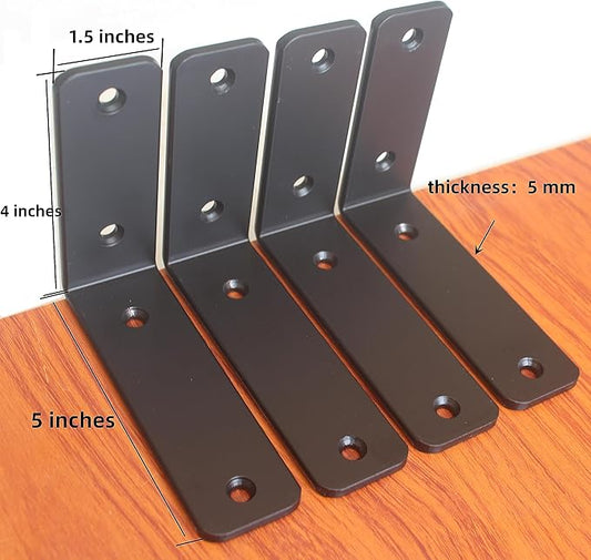 4 Pack - L 5" x H 4" x W1.5, 5mm Thick Black L Shelf Bracket, Iron Shelf Brackets, Metal Shelf Brackets, Floating Shelf, Shelf Supports with Screws