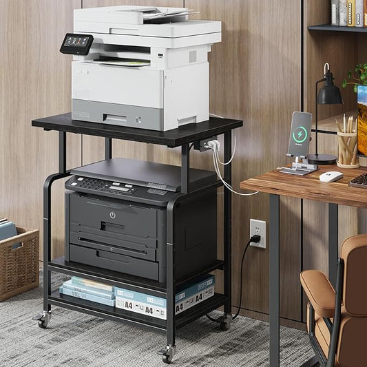 YAOHUOO 3 Tier Large Printer Stand with Power Outlet/Adjustable Storage Shelf, Rolling Cart with Wheels, Printer Table for Home Office 3D Printer/Heat Press/Laster, 23.6"×19.6" Black
