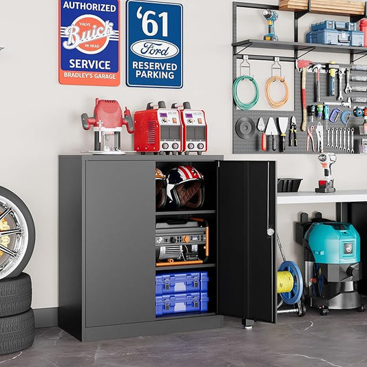 Metal Garage Storage Cabinets with Lock, 36" Tall Tool Cabinet with 2 Door and 2 Adjustable Shelves, Locking Garage Cabinets and Lockable Steel Locker for Home Office Warehouse - (Black-36”H)