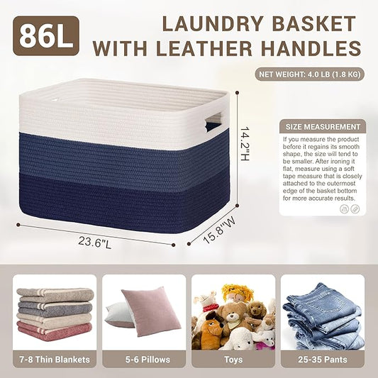 86L Extra Large Laundry Basket with Leather Handles for Living Room Storage, Woven Rope Baskets for Blanket, Kids Toy, Gifts, Wicker Hamper for Bedroom Dirty Clothes, 24"x16"x14" Gradient Blue