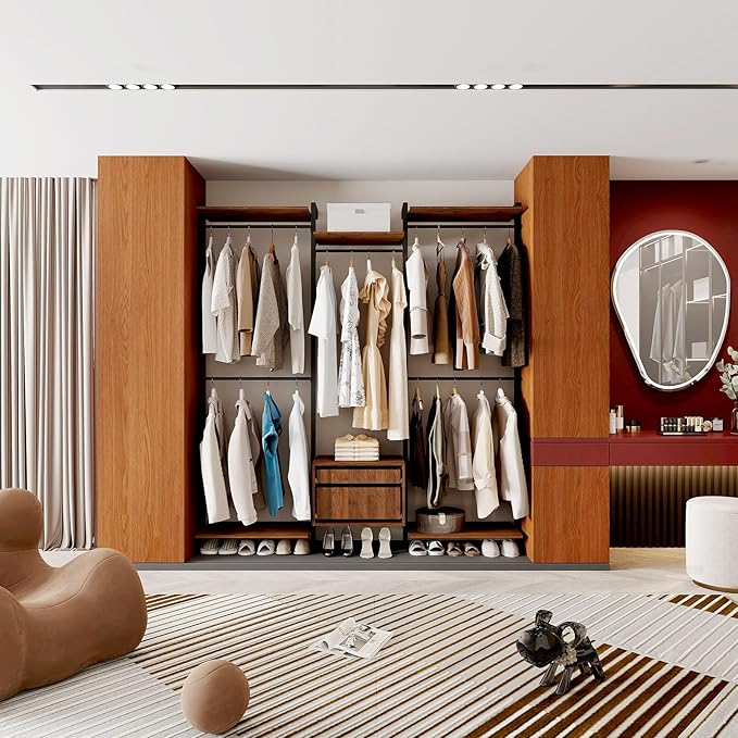 Wall-Mounted Steel & Wood Closet Organizer System with 4 Adjustable Shelves, 5 Hanging Rods, and 2 Drawers – Modern Open Wardrobe, Walnut