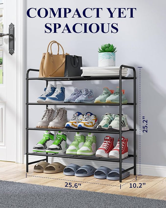 Kitsure Shoe Rack - Stainless Steel Shoe Organizer, Sturdy Shoe Rack for Closet and Front Door Entrance, Free Standing Shoe Shelf, Closet Organizers and Storage, 25.6" Wide - 4 Tier, Black