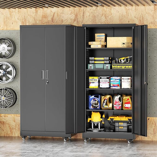 INTERGREAT Metal Storage Cabinet with Wheels, 73" Rolling Storage Cabinets with Door and 4 Shelves, Tall Storage Cabinets Locker on Caster for Home, Office(Black)