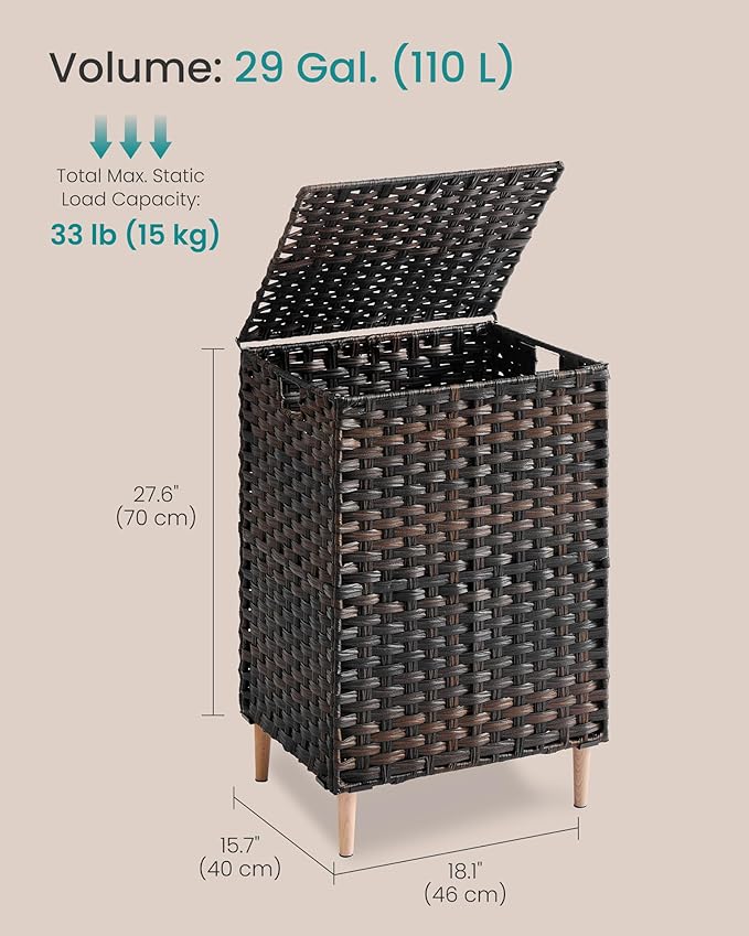 SONGMICS 2-Section Laundry Hamper with Lid, 29 Gal (110L) PE Rattan Laundry Basket with Removable Washable Liners, for Bedroom & Living Room, Chestnut Brown ULCB222ME01