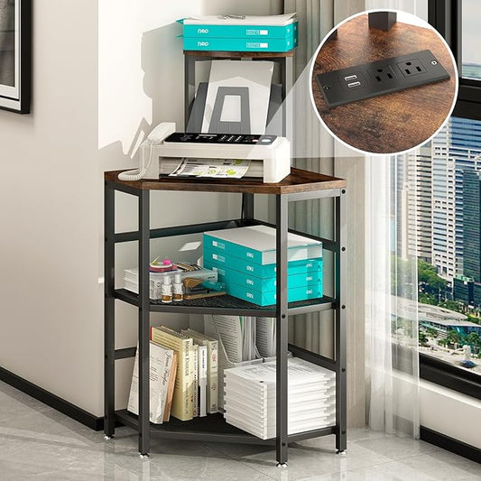 Corner Printer Stand Table, with Power Outlet and USB Charging & LED Lights, for Home Printer Stands, Storage Shelf, Computer Tower/CPU Stand Holder for Home Office, Rustic Brown