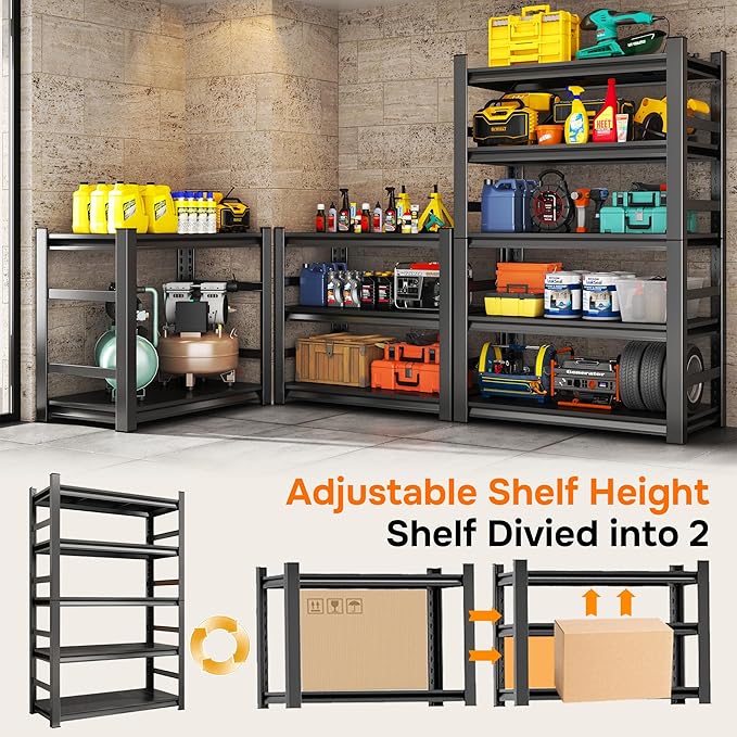 88" H Garage Shelves Heavy Duty 5-Tier, 48" W x 24" D Garage Shelving Unit, Adjustable Metal Storage Shelf with Guardrails, Rack for Garage, Basement, Pantry & Warehouse Storage, Black