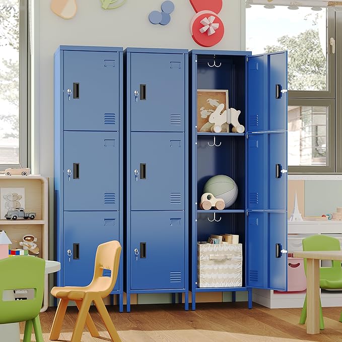 Metal Locker with Hooks and Ventilation Holes,Metal Storage Locker with Keys and Business Card Slot for Home,Gym,Garage,School,Office,66" H×15.75" W× 15.75" D,Assembly Required,Blue