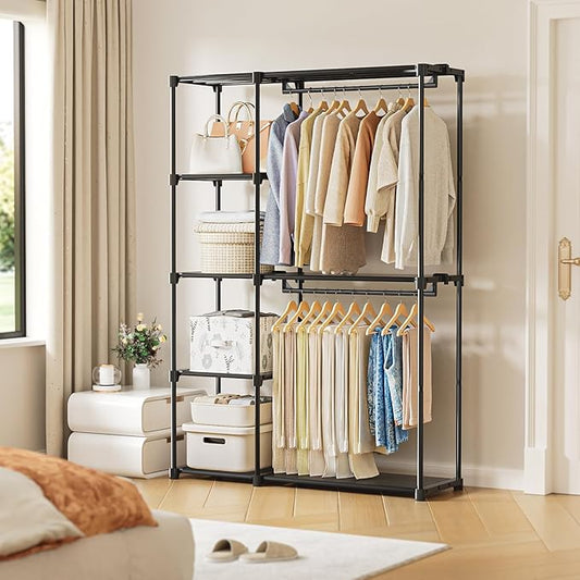 Portable Closet, Freestanding Wardrobe Closet Organizers and Storage,Open Clothing Racks for Hanging Clothes with 4 Shelves and 2 Hanging Rods,47.8x15.8x63.4 Inches