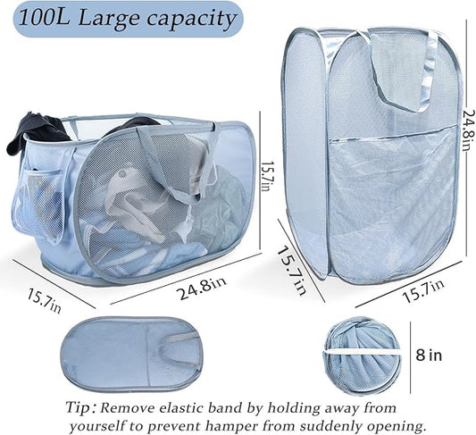 Extra Large Mesh Pop Up Laundry Hamper 2 Pack, 100L Foldable Laundry Baskets, Dirty Clothes Hamper with Pocket, Collapsible Hampers for Travel, Dorm or Home. Grey H+V
