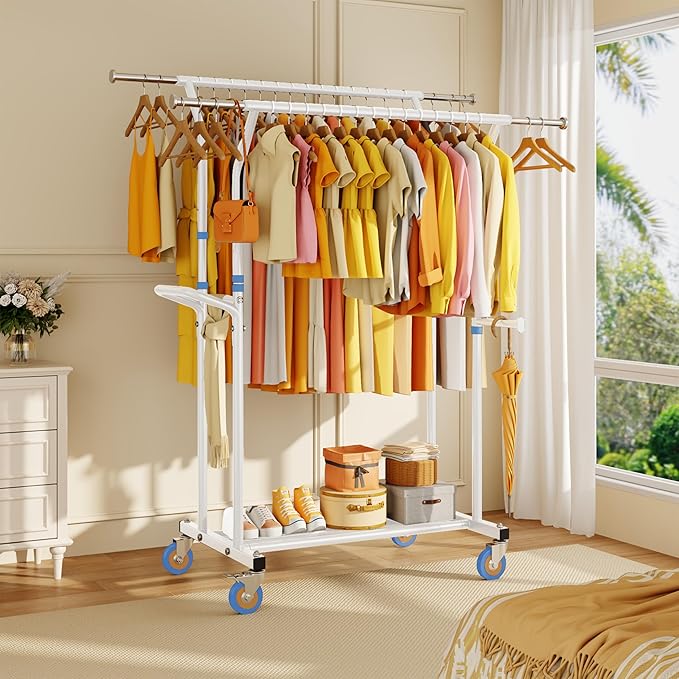 Heavy Duty Clothes Rack for Hanging Clothing: 800LBS Rolling Coat Racks Poartable Garment with Wheels Shelves Freestanding Sturdy Metal Adjustable Extendable Bedroom Laundry Living Room