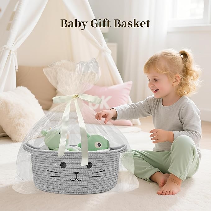 Large Cat Toy Basket - Gift Baskets Empty for Baby Shower Baby Baskets for Nursery Cute Woven Rope Storage Basket for Home Decor, Cat Pet toy box, Grey Easter basket, 13" D x 6" H