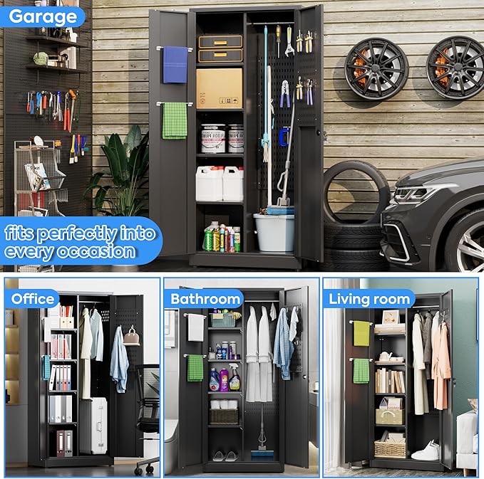 Broom Closet Storage Cabinet with 5 Pegboard, Hanging Rod &13 Hooks, Utility Metal Garage Storage Cabinets with Doors and 4 Shelves for Garage Home Storage, Black,71.5" H x 34" W x 17" D