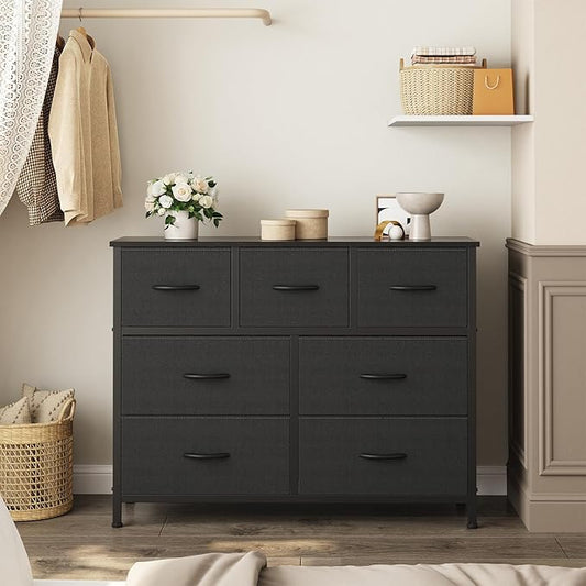 OLIXIS Dresser for Bedroom, 7 Storage Drawers, Wide Fabric Closet Chests Organizer Tower Furniture, TV Stand with Wooden Top Metal Frame for Clothes, Living Room, Hallway, Entryway, Black