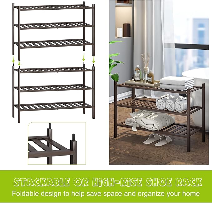 BMOSU 3-Tier Bamboo Shoe Rack Premium Stackable Shoe Shelf Storage Organizer for Hallway Closet Living Room Entryway Organizer (Brown Bamboo)