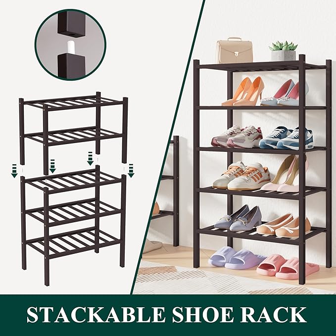 Smiry Bamboo Shoe Rack for Closet, 6 Tier Small Wooden Stackable Shoe Organizer, Free Standing Shoes Storage Shelf for Entryway, Front Door Entrance, Brown