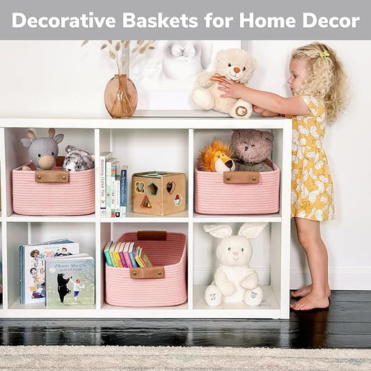 CHICVITA Pink Storage Baskets for Organizing, Gift Basket for Toys, Baby Basket for Diapers, Decorative Woven Baskets for Storage for Living Room, 14.5" x 13" x 6"
