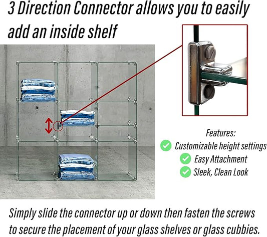 3 Way Glass Cube Connector to Add Adjustable Height Glass Shelf to 3/16" Thick Glass, 8 Pack