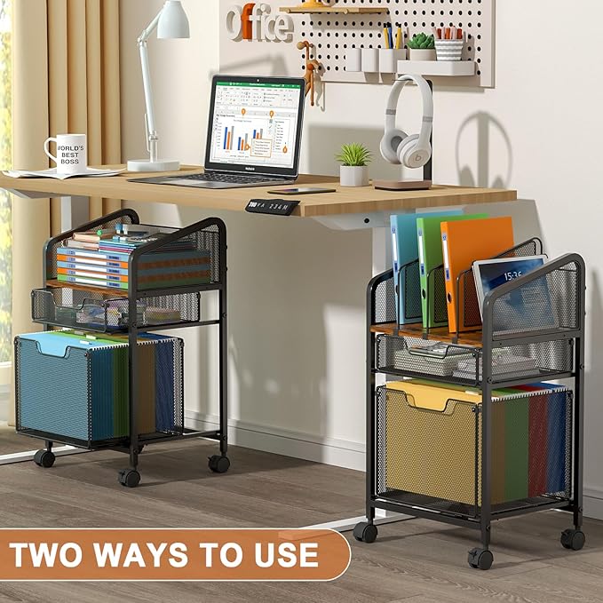 Rolling File Cabinet with Adjustable Dividers, Mobile Filing Cabinet with 2 Storage Drawers on Lockable Wheels, Hanging File Organizer Beside Under Desk for Office, Home(Patent Pending)