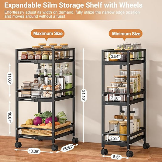 Expandable Slim Storage Cart for Small Spaces, 3-Tier Metal Shelving Unit with Wheels, Heavy-Duty Laundry Room Organization, Adjustable Narrow Storage Cabinet for Bathroom, Laundry Room, Kitchen