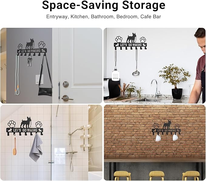 Key Holder Wall Mount & Dog Leash Holder for Wall, Metal Key Rack with 7 Hooks for Entryway/Hallway/Kitchen Decor,Wall Organizer with Screw Anchors (Bulldog, 13.5"×6.2"×0.75")