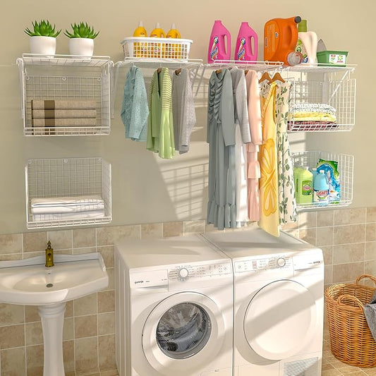 2 Pack Laundry Room Shelves Wall Mounted with Wire Baskets, Over the Washer and Dryer Shelf with Clothes Drying Rack, 8 Hooks,Wire Shelves Baskets for Laundry Closet Organization and Storage, White