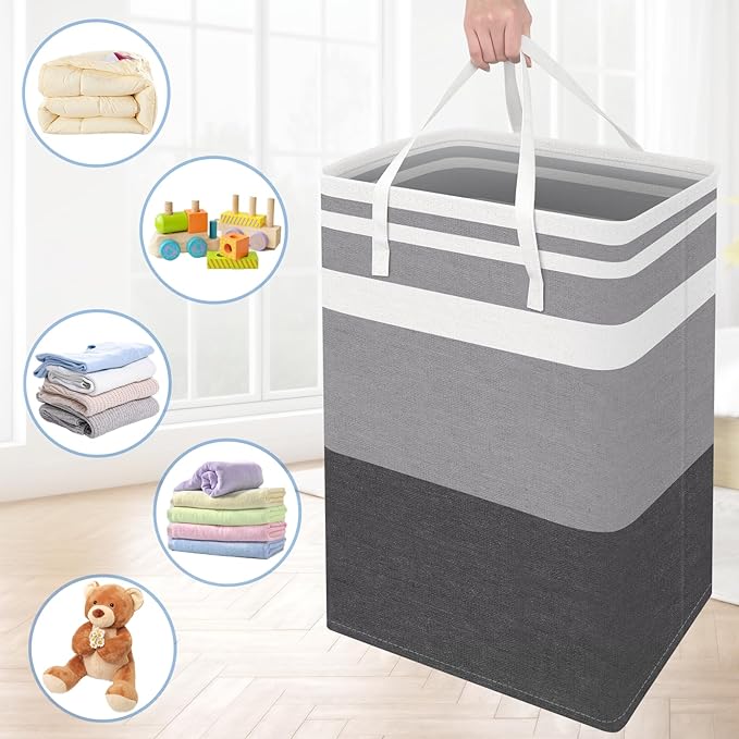 BlissTotes 3-Pack Laundry Basket, Freestanding&Waterproof Laundry Hamper, Collapsible Tall Clothes Hamper with Easy Carry Handles for Clothes, Towels in the Family and Dorm,Gradient Grey,125L