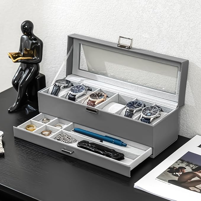 ProCase Watch Box, 6 Slot Watches Display Case with Drawer, Mens Watch Case with Glass Lid, 2-Layer Mens Jewelry Organizer Storage Holder, Birthday Valentine Gifts for Men -6 Slot, Grey