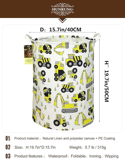 HUNRUNG Laundry Hamper,Large Canvas Fabric Lightweight Storage Basket Toy Organizer Dirty Clothes Collapsible Waterproof for College Dorms, Children Bedroom,Bathroom(Round Engineering)