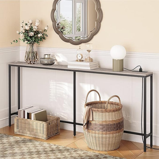 70.9'' Console Table with Power Outlet, Narrow Sofa Table, Industrial Entryway Table with USB Ports, Behind Couch for Entryway, Hallway, Foyer, Living Room, Greige CTHG18E01Z1
