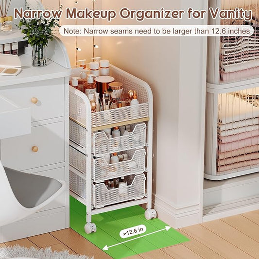 Rolling Makeup Cart Organizer with 3 Drawers, Narrow Floor Skincare Organizers, Cosmetics Display Cases Vanity Organizer for Skin Care Nail Polish Perfume Makeup Brush, White