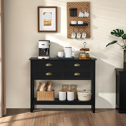 Yaheetech Console Table with 4 Drawers, Sofa Side Table with Bottom Open Storage Shelf, Heavy-Duty Entryway Tables for Hallway/Living Room, 39.5x14x32 inch, Black