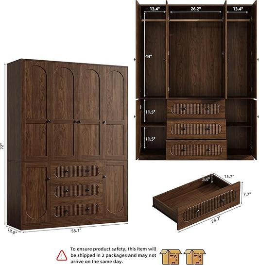 4 Doors Freestanding Armoire Wardrobe Closet, 72" Walnut Wardrobe Armoire Wooden Closet Large Capacity Storage with 3 Drawers & 3 Hanging Rod Shelves Clothes Organizer