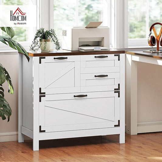 HOMCOM 4 Drawer File Cabinet, Farmhouse Lateral Filing Cabinet with Adjustable Hanging Rails for Letter/A4/Legal Size Files, Printer Stand for Home Office, White