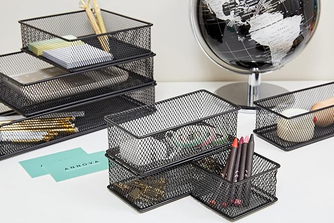 Annova Mesh Stackable Drawer Cabinet and Shelf Organizer Bins Storage Basket School Office Supply Holder Tray- Set of 2 (Black, 3x12x2 Inch)