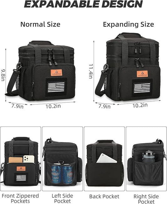 HSHRISH Expandable Lunch Box, Double Deck Large Insulated Lunch Bag for Men, Durable Leakproof Cooler Bag for Men Work Shift Outdoor Trips, 20 Can/15 L, Black