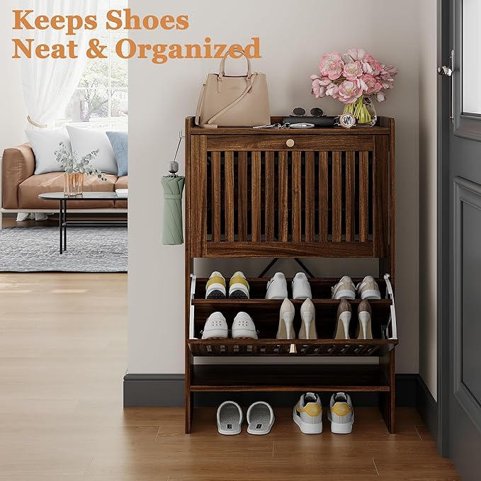 wanan 24" Shoe Cabinet with 2 Flip Slatted Drawers, Adjustable & Removable Panels, Narrow Shoe Cabinet Storage for Entryway, Hallway, Shoe Rack Organizer Cabinet, Walnut